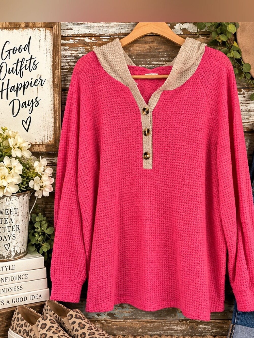 Hot Pink 1XL Waffle Knit Hooded Pullover Oatmeal Colorblock Henley Oversized Top